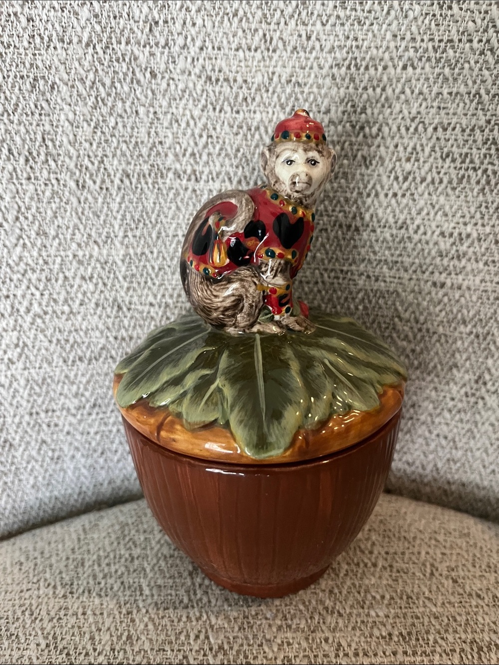 Vintage Raymond Waites Empire series porcelain monkey on palm leaf coconut bowl